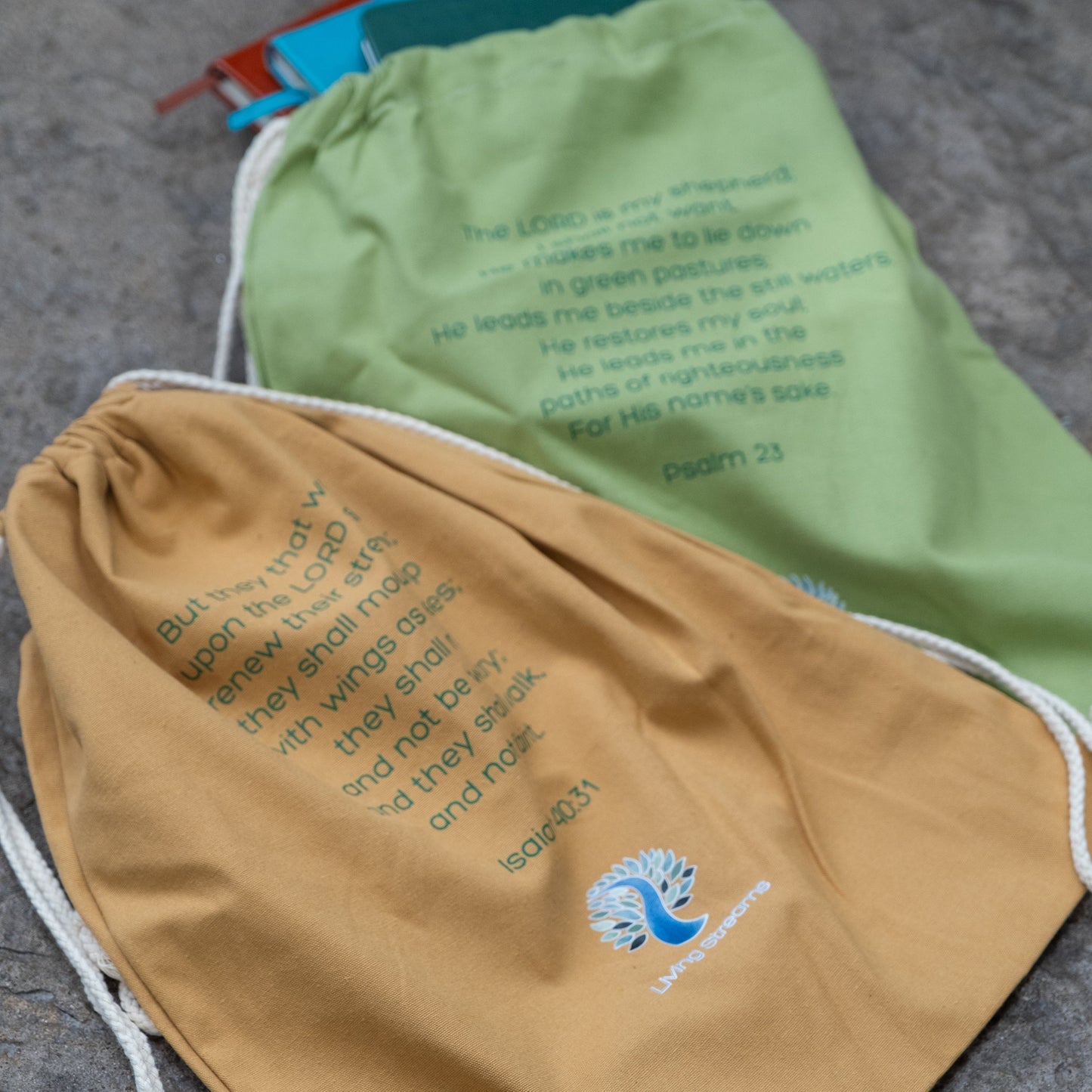 Is 40:31 Camel and Ps 23 Pear Scripture drawstring daypacks