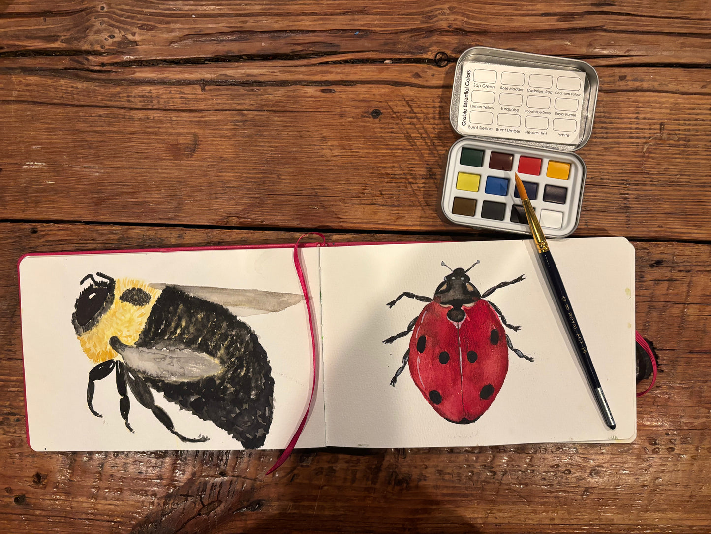 Watercolor bumblebee and ladybug painted with the bundle's colors and brush