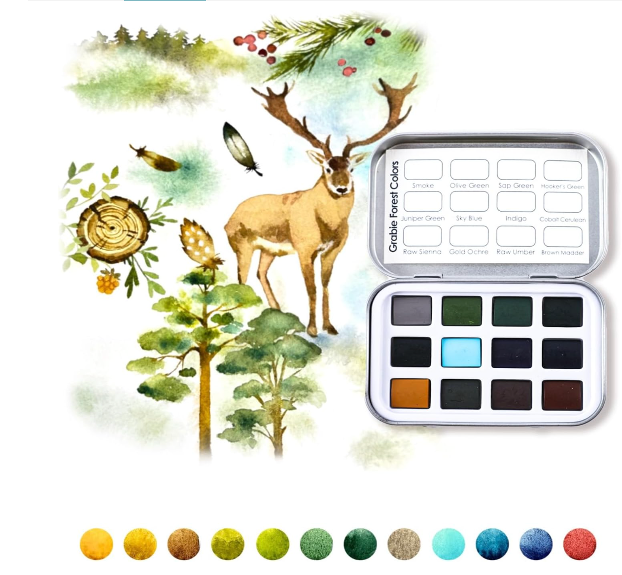 Forest watercolor set: twelve colors for trees, bark, moss, and woodland animals