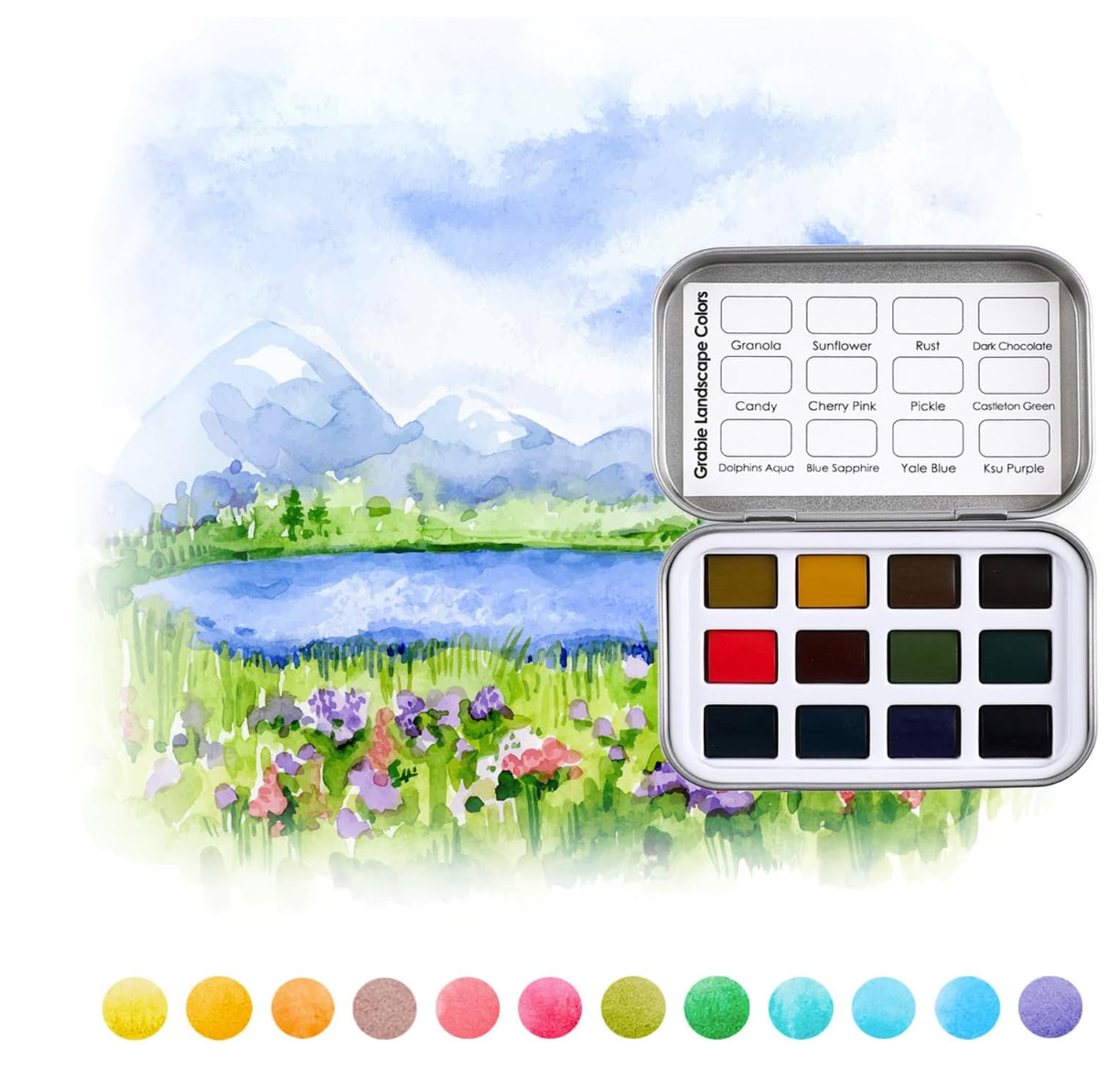 Landscape watercolor set: twelve colors for skies, water, meadows, and mountains