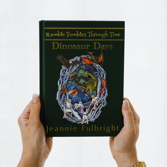 Rumble Tumbles Through Time: Dinosaur Days book cover, a Christian time-travel chapter book for kids